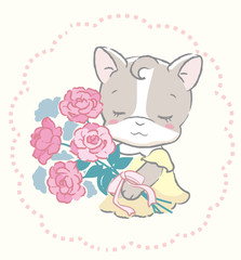 Cute kitten holding a bouquet. Vector illustration for invitation card, birthday card, baby wear design or other use.