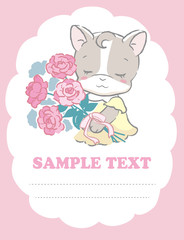 Obraz na płótnie Canvas Cute kitten holding a bouquet. Vector illustration for invitation card, birthday card, baby wear design or other use.