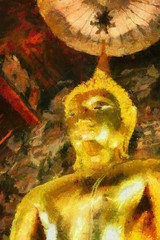 Golden ancient buddha statue Illustrations creates an impressionist style of painting.