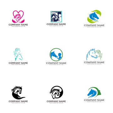 set logo design horse care horse training vector template