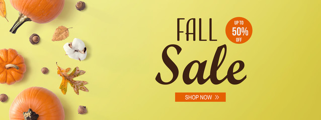 Fall sale banner with autumn pumpkins with leaves