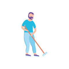 man with rake, tool of garden on white background