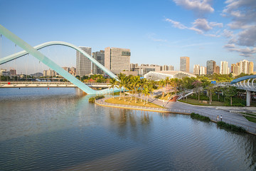 Nansha CBD Building and Jiaomen Bridge scenery in Guangzhou, China