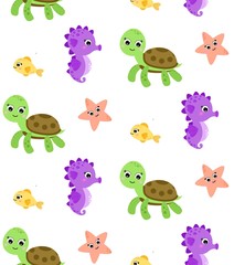 Plakat Seamless pattern with marine life, contains seahorse, fish, turtles, starfish. Cartoon style. Isolated on white background. Printing on fabric, packaging, wrappers, gift bags.