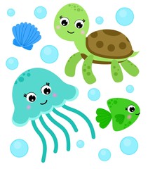 Set of marine life. Turtle, jellyfish, fish and shell. Cartoon style.
