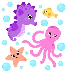 Set of underwater marine life. Seahorse, starfish, octopus and fish. Cartoon style.