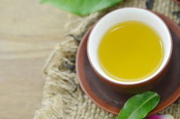 Tea cup fresh green tea on wooden, deatail