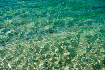 the surface of the water with turquoise water and sand