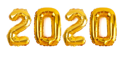 The number 2020 in golden foil balloons isolated on white background for the new year