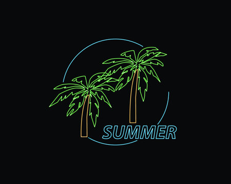 Summer text with two palm tree and neon effect