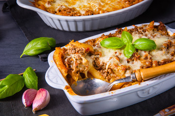 noodle , minced meat casserole with cheese