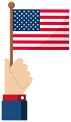 Holding the national flag in hand , flat vector illustration / USA, America, Stars and stripes.