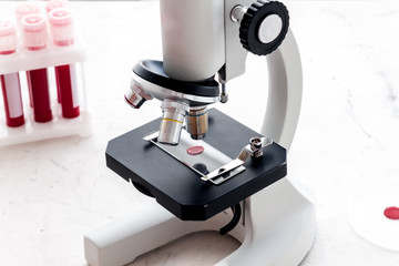 Blood drop under microscope on white background