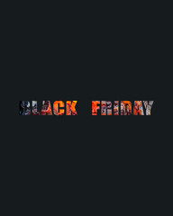 Phrase Black Friday from letters of bonfire on dark backdrop, vertical format