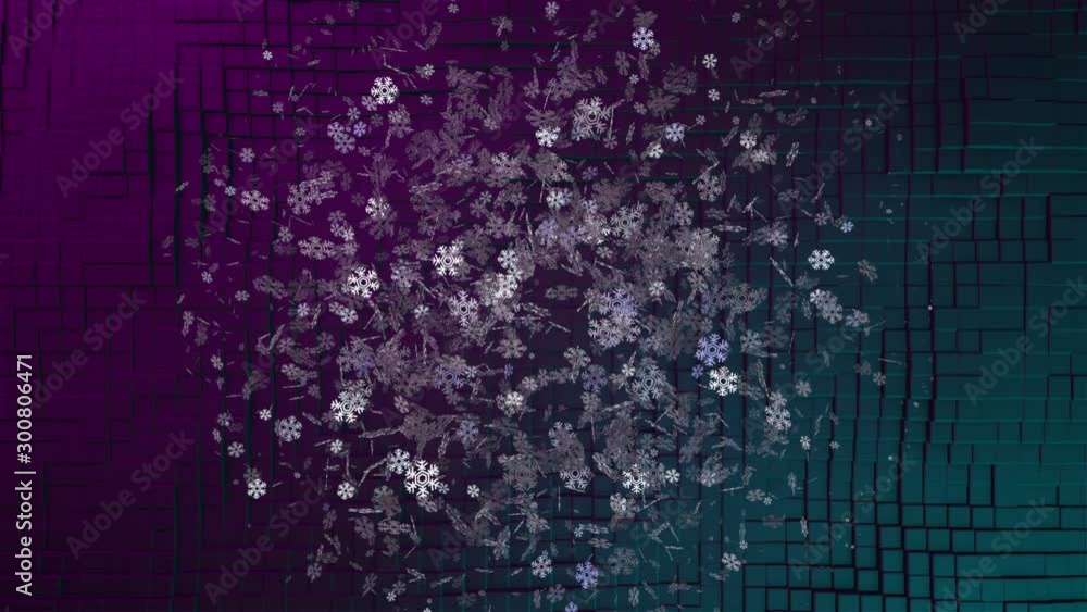 Poster Abstract animated Christmas background with beautiful shimmering snowflakes rotating on the colorful background of cubes moving smoothly in space. Animation. Magical New Year backdrop.