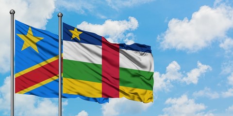 Congo and Central African Republic flag waving in the wind against white cloudy blue sky together. Diplomacy concept, international relations.