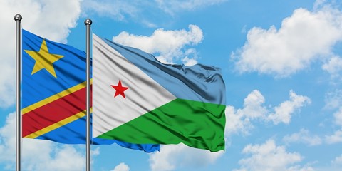 Congo and Djibouti flag waving in the wind against white cloudy blue sky together. Diplomacy concept, international relations.