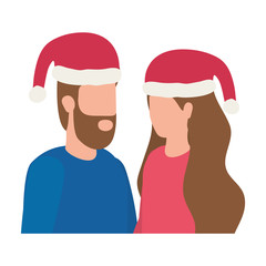 young lovers couple with christmas hat characters
