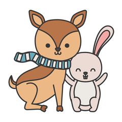 cute deer with scarf and rabbit hello autumn