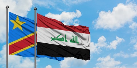 Congo and Iraq flag waving in the wind against white cloudy blue sky together. Diplomacy concept, international relations.