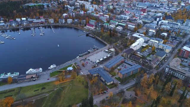 View of the city center of Lappeenranta, evening (aerial video). Finland