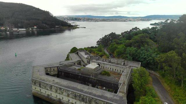 Aerial view of the Castle of La Palma, construction whose origin dates back to located in a cove at the entrance of the Ferrol estuary. Spain