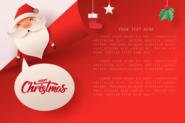 Paper art of Santa Claus pop from back, Merry Christmas and happy new year
