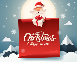 Paper art of Santa Claus offer gift box and red paper banner