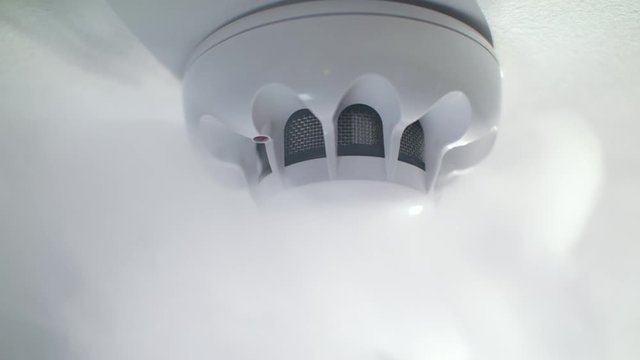 Close-up of smoke alarm on the ceiling surrounded by white smoke. Stock footage. Fire alarm at the house