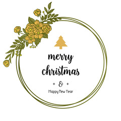 Lettering greeting card merry christmas and happy new year, with modern leaf flower frame. Vector