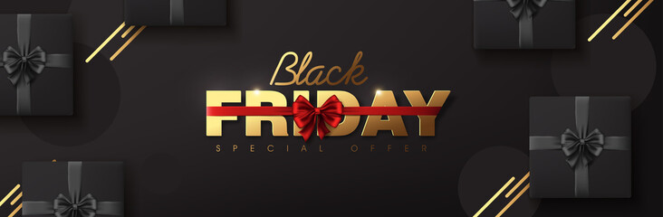 Black Friday. Calligraphic golden color on dark background., the color ribbon red luxury. Advertising Poster design.Vector illustration.