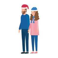 young lovers couple with christmas hat characters