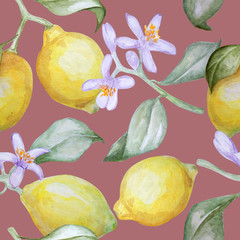Watercolor seamless pattern of lemons and blossom branches on pink background.