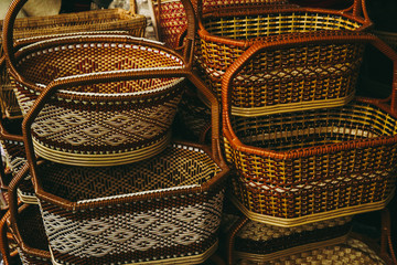 Vintage handmade or handcraft of bamboo basket for sell as souvenir at vintage float market.