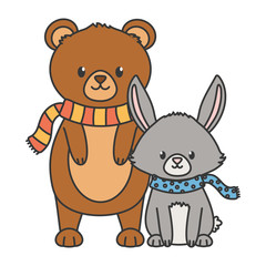 cute bear and rabbit with scarf autumn