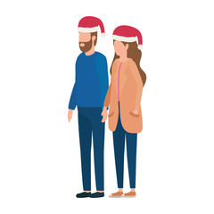 young lovers couple with christmas hat characters