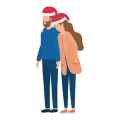 young lovers couple with christmas hat characters