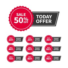 Sale tags or banners set with text Today Offer for use in ad, web and print design. Trendy badges template, up to 10, 20, 30, 40, 50, 60, 70, 80, 90 percent off. Vector flat style.