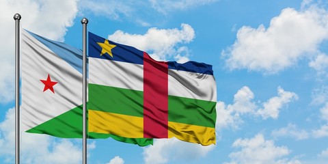 Djibouti and Central African Republic flag waving in the wind against white cloudy blue sky together. Diplomacy concept, international relations.