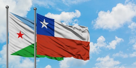 Djibouti and Chile flag waving in the wind against white cloudy blue sky together. Diplomacy concept, international relations.