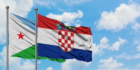 Djibouti and Croatia flag waving in the wind against white cloudy blue sky together. Diplomacy concept, international relations.