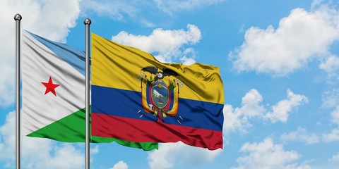 Djibouti and Ecuador flag waving in the wind against white cloudy blue sky together. Diplomacy concept, international relations.