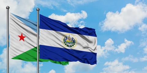 Djibouti and El Salvador flag waving in the wind against white cloudy blue sky together. Diplomacy concept, international relations.