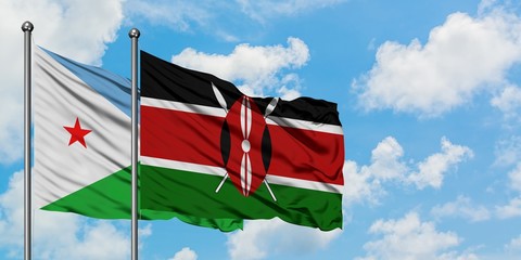 Djibouti and Kenya flag waving in the wind against white cloudy blue sky together. Diplomacy concept, international relations.