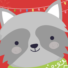 merry christmas celebration cute raccoon head with scarf and lights