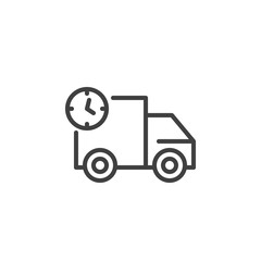 Truck delivery time line icon. Van with clock linear style sign for mobile concept and web design. Express delivery outline vector icon. Symbol, logo illustration. Vector graphics