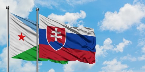Djibouti and Slovakia flag waving in the wind against white cloudy blue sky together. Diplomacy concept, international relations.