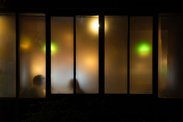 Silhouette of tranquil couple dining / dating / talking / celebrating anniversary in beautiful and luxurious restaurant in romantic warm and dim lighting in the blissful evening.