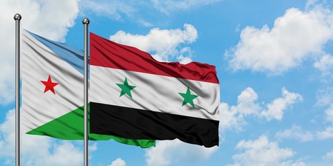 Djibouti and Syria flag waving in the wind against white cloudy blue sky together. Diplomacy concept, international relations.