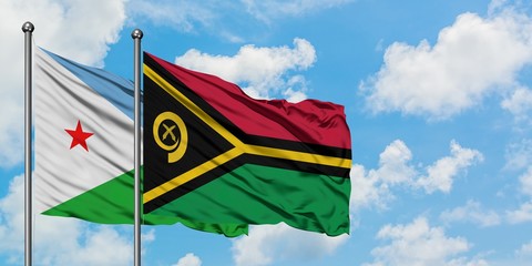 Djibouti and Vanuatu flag waving in the wind against white cloudy blue sky together. Diplomacy concept, international relations.